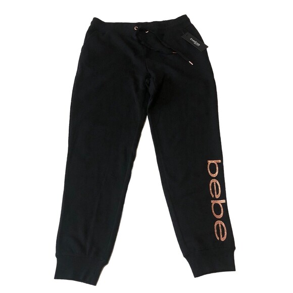 BEBE SPORT Pants - Bebe Women’s Black Rose Gold Logo Joggers Pockets Draw String Waist Size Large